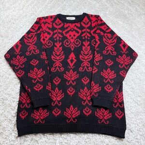 Yellow Rose Sweater Women's Medium Red Black Geometric Acrylic Vintage Grandma